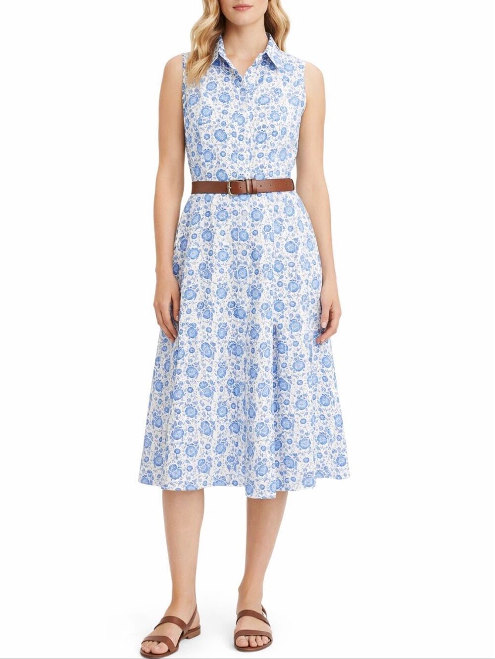 Kiel James Patrick Blue White Floral Toile Linen Blend Midi Dress Size 10